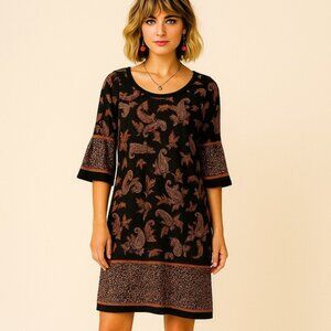 Rabbit Rabbit Rabbit Designs Paisley Bell Sleeve Dress Black Orange, Size 12